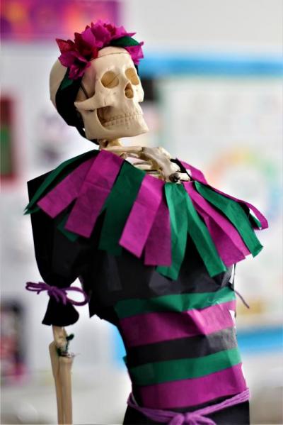 A skeleton wearing clothes lovingly designed and created by school art teacher Nancy Newton. Photo by: Nadya Korytnikova