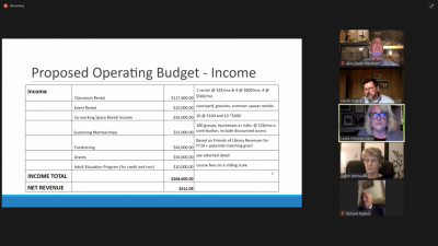 Leslie Edwards Davis (middle) presented this chart to show the potential revenue a community center at the Decas School could bring in.