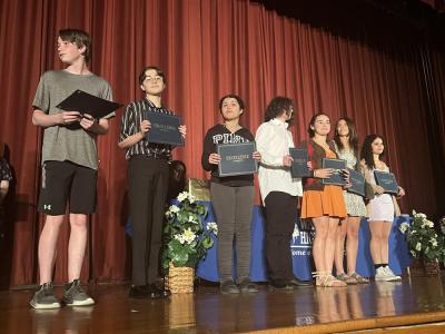 The freshman Golden Scholars: Landon Stewart, Jeffrey Poirier, Marina Kouta, Camden Morrison, Samantha Baptiste, Samantha Bumpus and Kailee Rose.