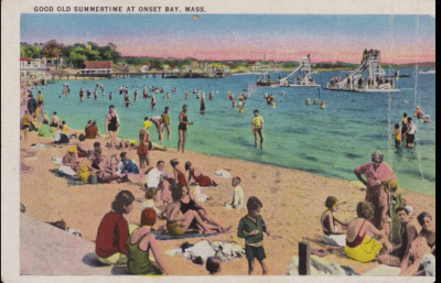 Onset beach painted for a post card that Mark Maxim collected. Photo source: Onset Historical Society