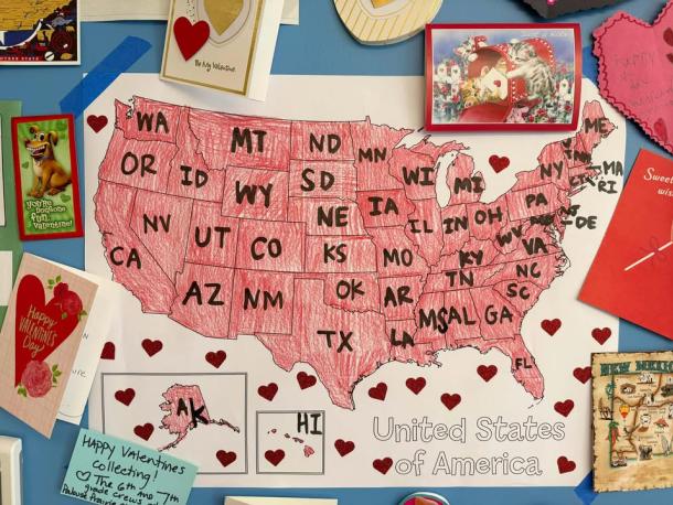 The map that started it all, filled as each state sent a card. Photos source: Jennifer Kerns