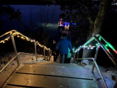 The decorated stairs leading guests to the magic.