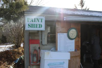 The paint shed which takes latex paint and operates as a warming hut for volunteers during the cold.