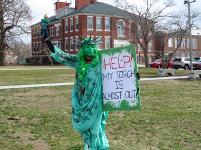 One protestor dressed as Lady Liberty. 