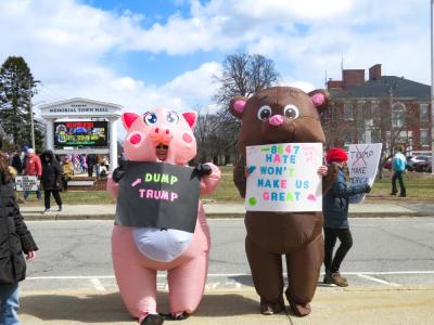 Wareham residents Jane Golden, left, and Kim Nashawaty pose in their inflatable costumes. 