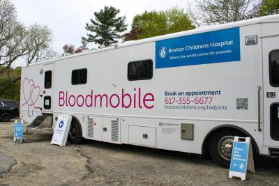 The bloodmobile can hold up to five donors at a time. 