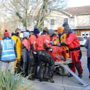 The team gathered to lift one of the two dolphins while Wareham police maintained traffic.