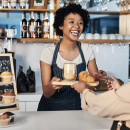 Woman serving breakfast. 