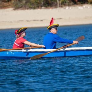 From left: Trish Halpin, Olwen Huxley and Malcolm Child brave the bay as pirates. none