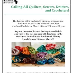 Quilters, sewers, knitters, and crocheters will have an opportunity to stock up on fabric, yarn, and supplies at bargain prices at the Friends’ Fabric & Fiber Sale.