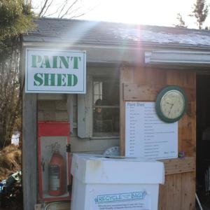 The paint shed which takes latex paint and operates as a warming hut for volunteers during the cold.
