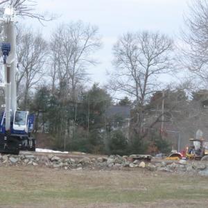 Equipment and materials sit near Town Hall as bridge construction is ongoing. 