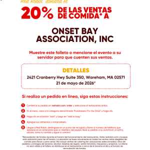 Red Robin Gourmet Burgers in Wareham will be donating 20% of sales on Thursday, May 21, 2026, from 11 a.m. - 9 p.m. to the Onset Bay Association! Please mention this when ordering, whether dining in or taking it to-go. Red Robin is located at Wareham Crossing, 2421 Cranberry Highway, Wareham, MA. The OBA-Onset Bay Association is a nonprofit organization based in Onset since 1992. We host a full calendar of free/low cost community events and Beautification projects year-round. Learn more about the Onset Bay 
