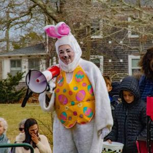 Ever seen the Easter Bunny with a megaphone? Kat Jones prepares the hunters before the event. 