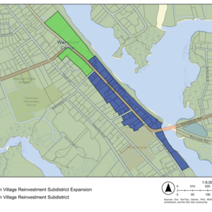 The land in green is proposed to be added to the current Wareham Village district, in blue. Photo source: Joshua Faherty